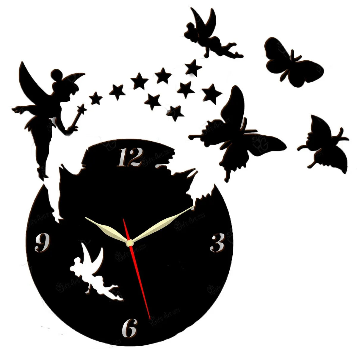 3D Fairy Wooden Home Decor Wall clock (2Fairy With 9Stars with 3Butterflies)