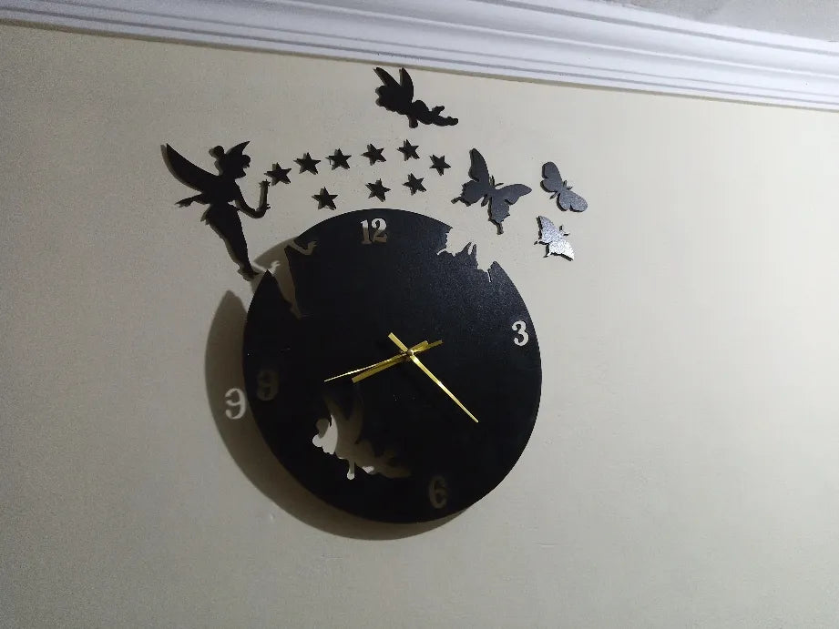 3D Fairy Wooden Home Decor Wall clock (2Fairy With 9Stars with 3Butterflies)