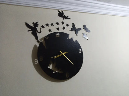 3D Fairy Wooden Home Decor Wall clock (2Fairy With 9Stars with 3Butterflies)